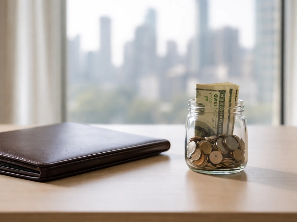 Minimal desk scene with a leather portfolio and a partially filled glass jar of coins and cash.