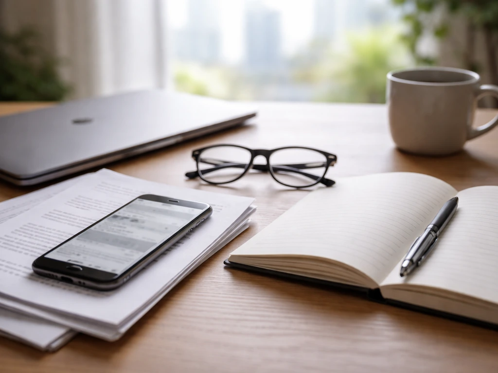 Minimal desk scene with phone, blank notebook, documents, and pen suggesting due diligence and checking updates.