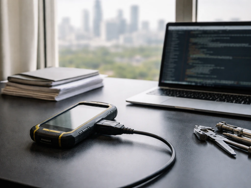 Minimal engineer desk with a Garmin-style connection cable and electronics, symbolizing entrepreneurial legacy and wealt