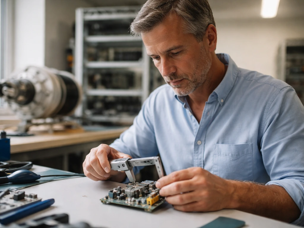 Anonymous engineer examining an electronic board in a quiet aerospace workshop, natural light, shallow depth.