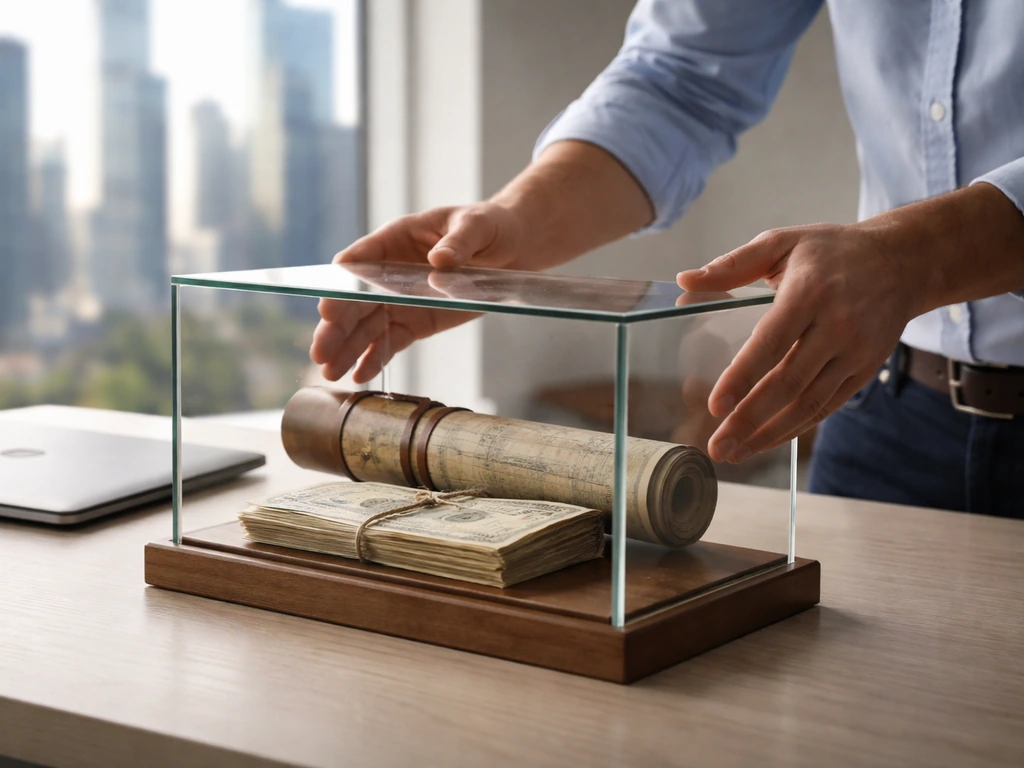 Anonymous person places aged share certificates and blueprint tube into a glass case by a window skyline.