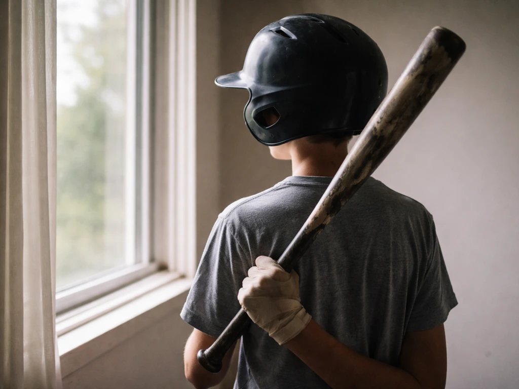 Anonymous baseball player in a helmet holding a bat near a window, suggesting a young pro’s earnings range