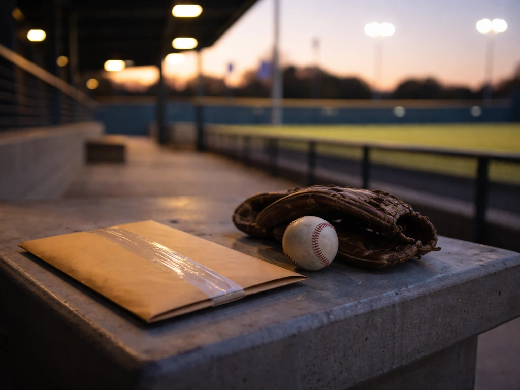 Empty baseball field at dusk with a sealed contract envelope and a single baseball near it