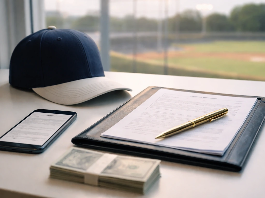 Close-up of a contract folder, gold pen, and baseball cap on a desk symbolizing draft-and-signing milestones.