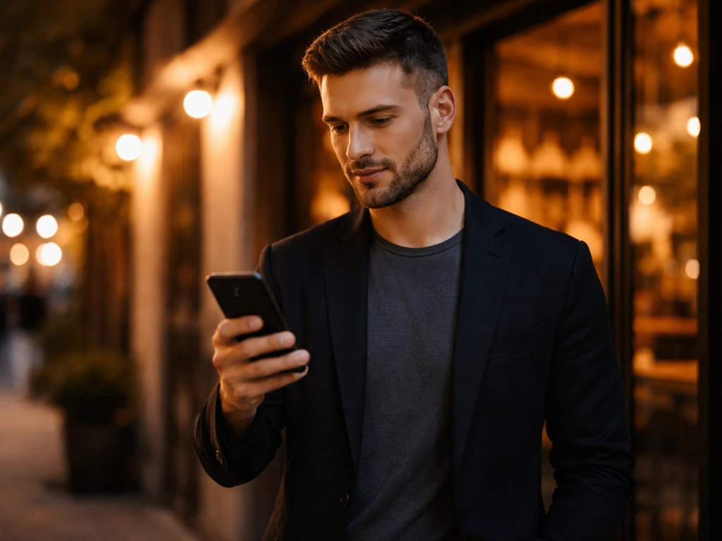 Italian entrepreneur in a modern nightlife setting, holding a smartphone near a softly lit bar entrance.