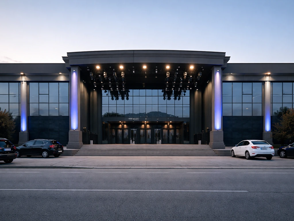 Daytime exterior of a large Italian nightclub building with prominent entrance and dramatic lights