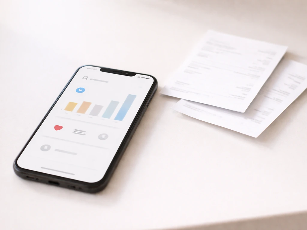 Smartphone showing social media analytics concept beside blurred brand receipts on a desk.