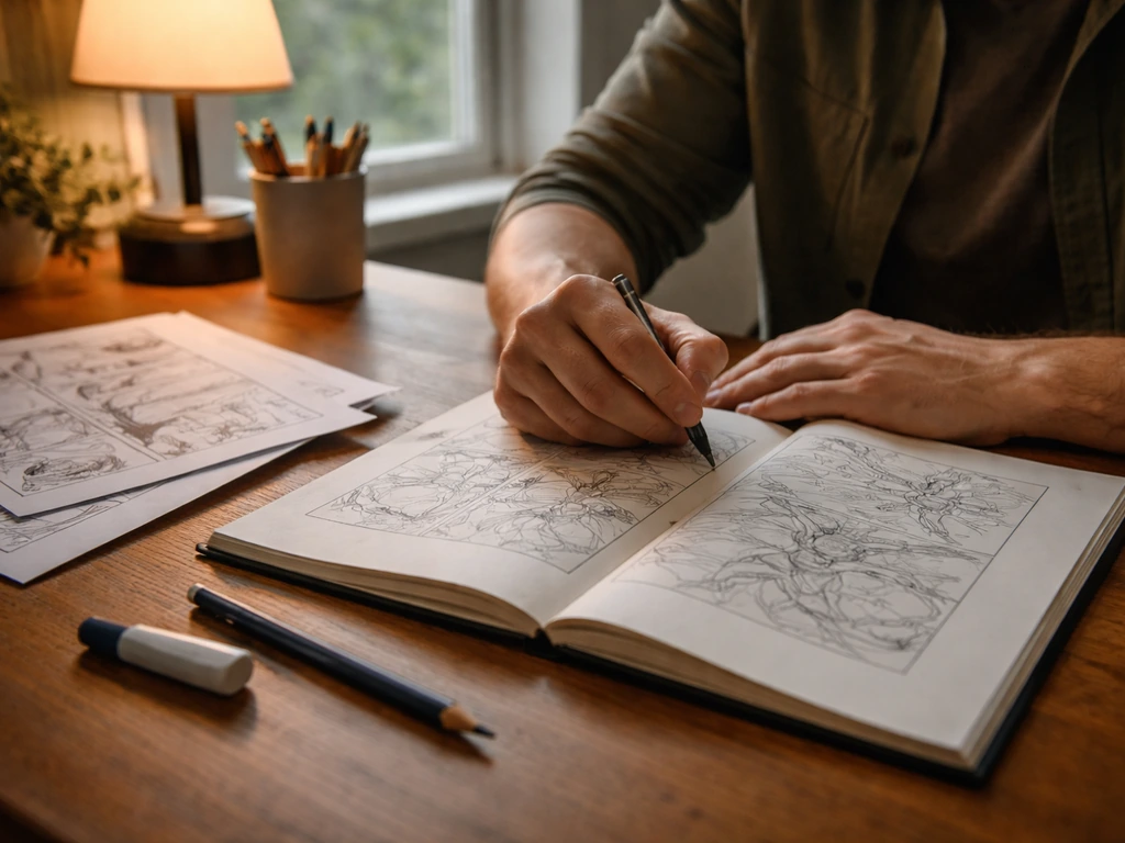 Anonymous comic artist hands sketching in an open notebook at a simple desk with natural light.