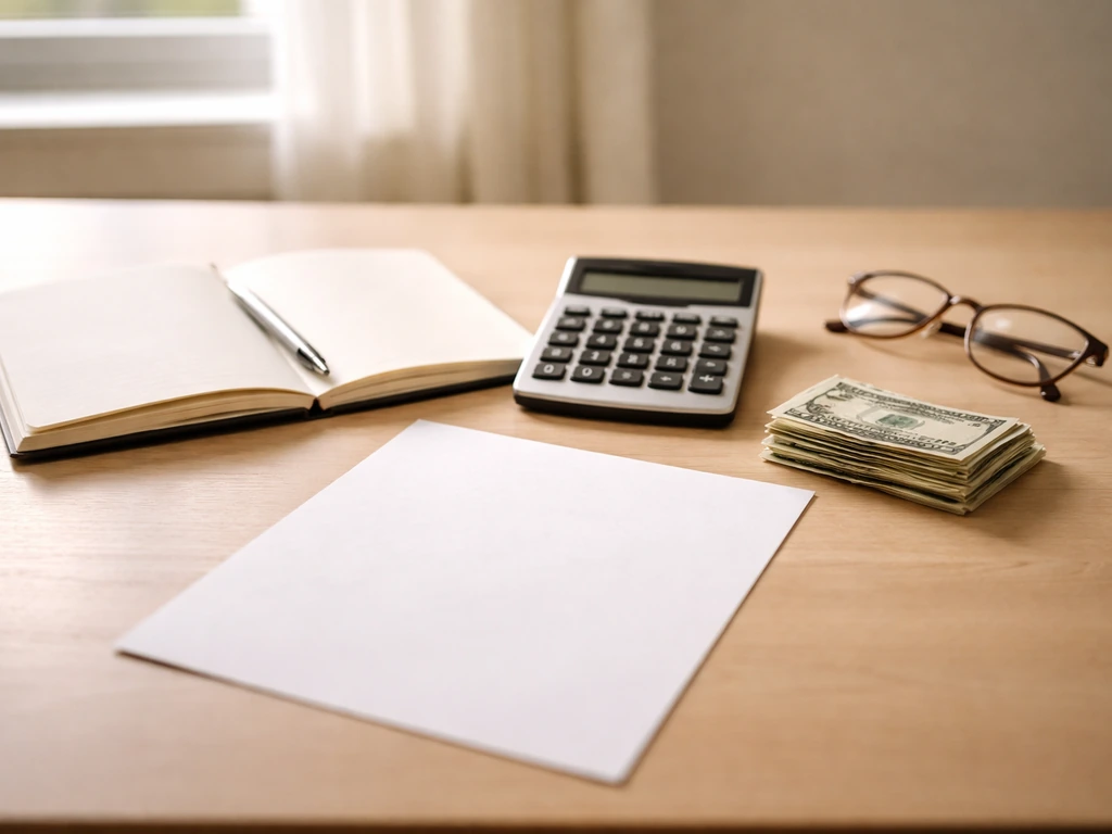 Minimal photo of a clean desk with notebook, calculator, and a stack of bills suggesting an estimate method