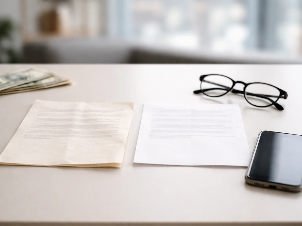 Minimal desk scene with two mismatched documents and a phone suggesting conflicting money estimates.