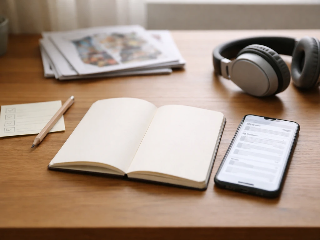 Minimal desk scene with a notepad and smartphone showing generic web-search style cards for verifying media credits