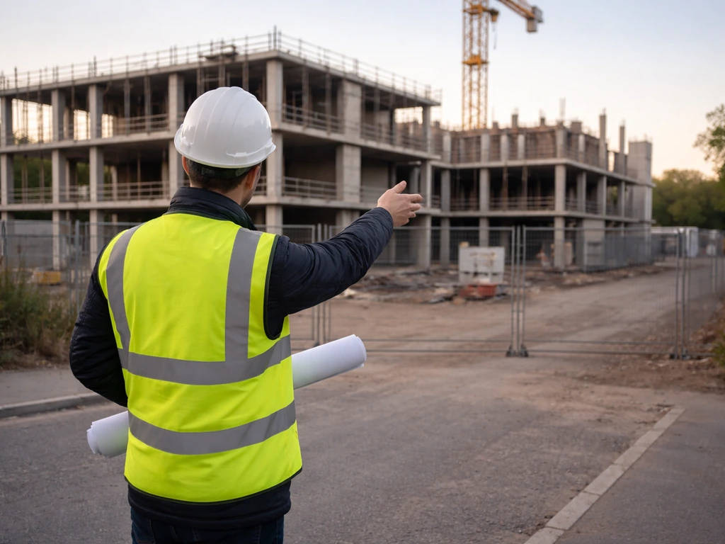 Anonymous construction manager reviewing plans beside a quiet UK jobsite, symbolizing leadership in building projects.