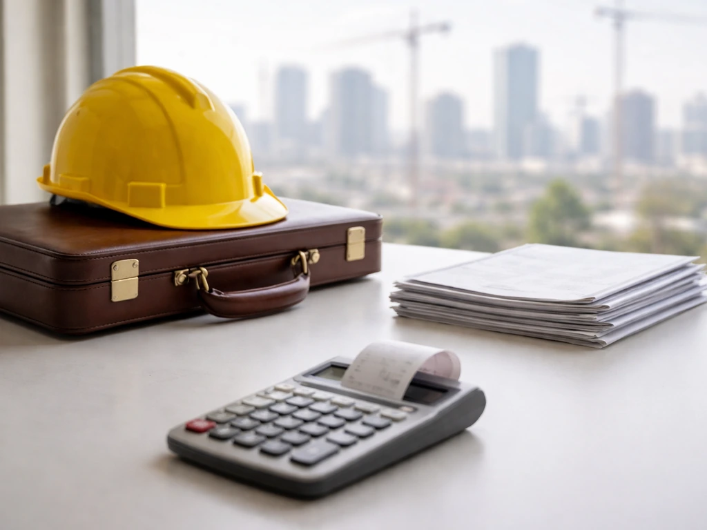 Hardhat and briefcase on a desk with invoices and a calculator, with a city skyline and cranes blurred behind