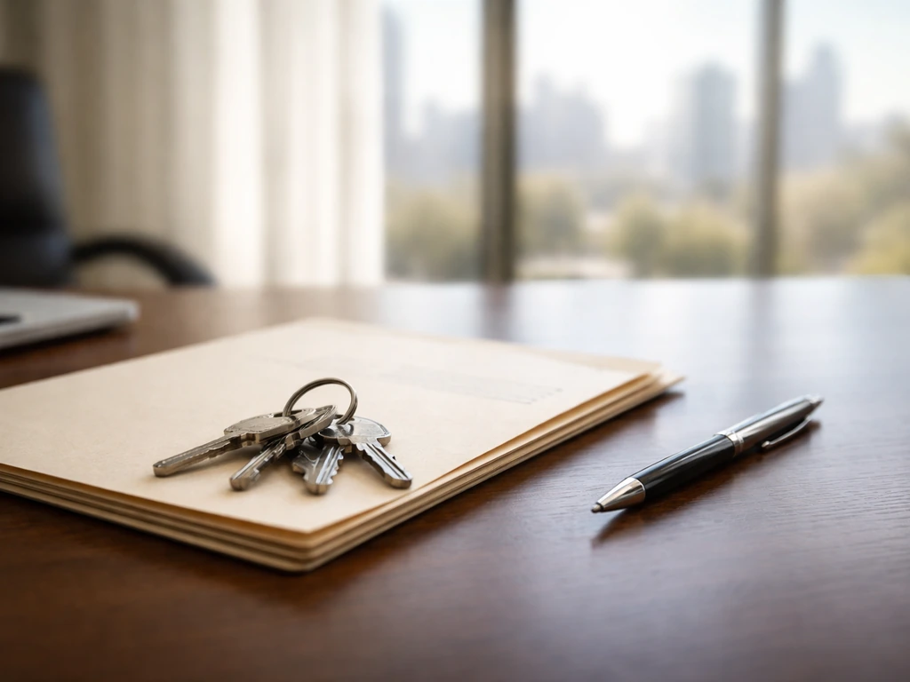 An anonymous office desk with keys, a folder of business documents, and a blurred window view suggesting assets.