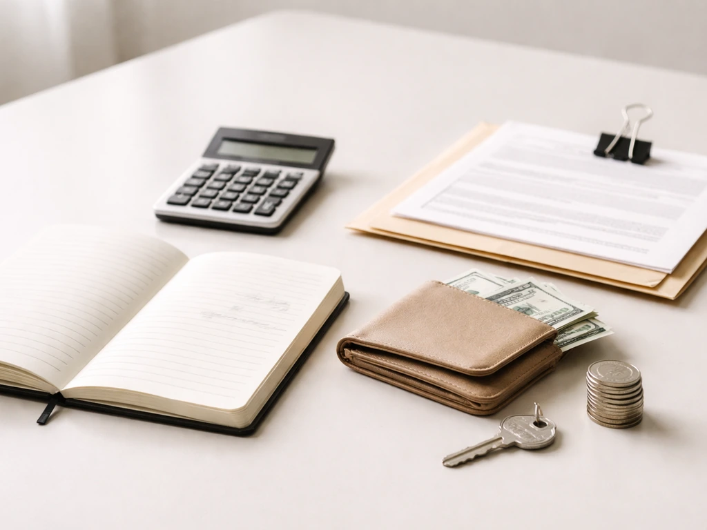 Minimal desk photo with wallet, calculator, and ledger props symbolizing assets minus liabilities