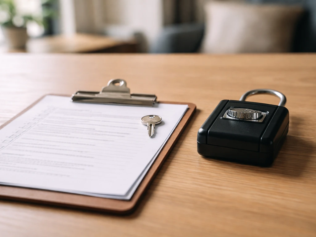 Close-up of a due-diligence clipboard with property checklist pages and a key lockbox beside it