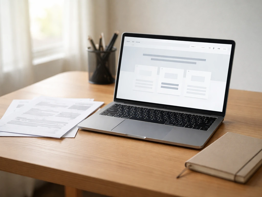 Minimal desk scene with laptop showing a generic newsletter/course page mock-up and printed lesson materials.