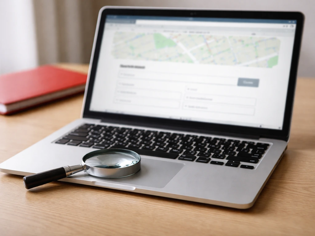 Desk close-up with a laptop showing a generic records search and a magnifying glass for verification.