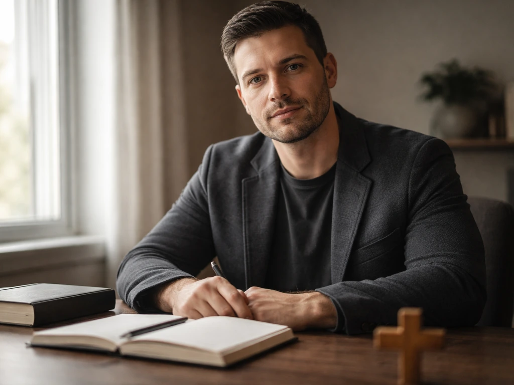 Anonymous writer in a calm desk setting by a window with a closed book and subtle cross decor.