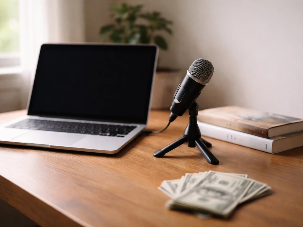 Minimal desk scene with media items and scattered cash-like props suggesting ad-driven online revenue