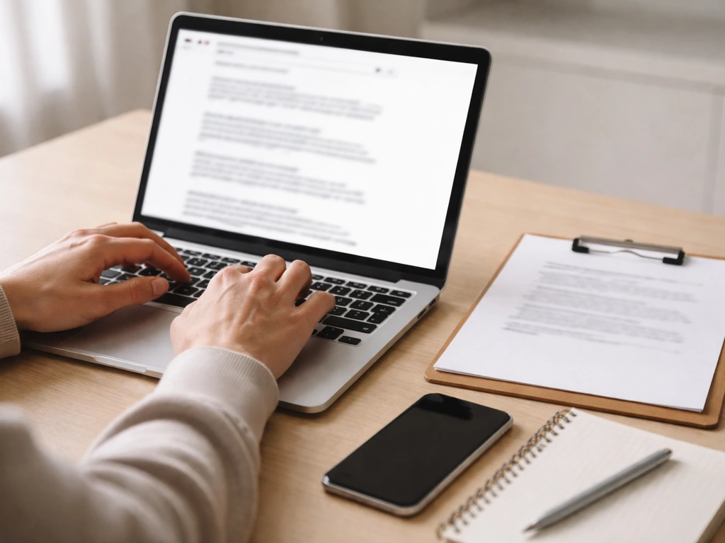 Close-up of hands typing on a laptop with blurred search results and privacy-shielded registry printouts.