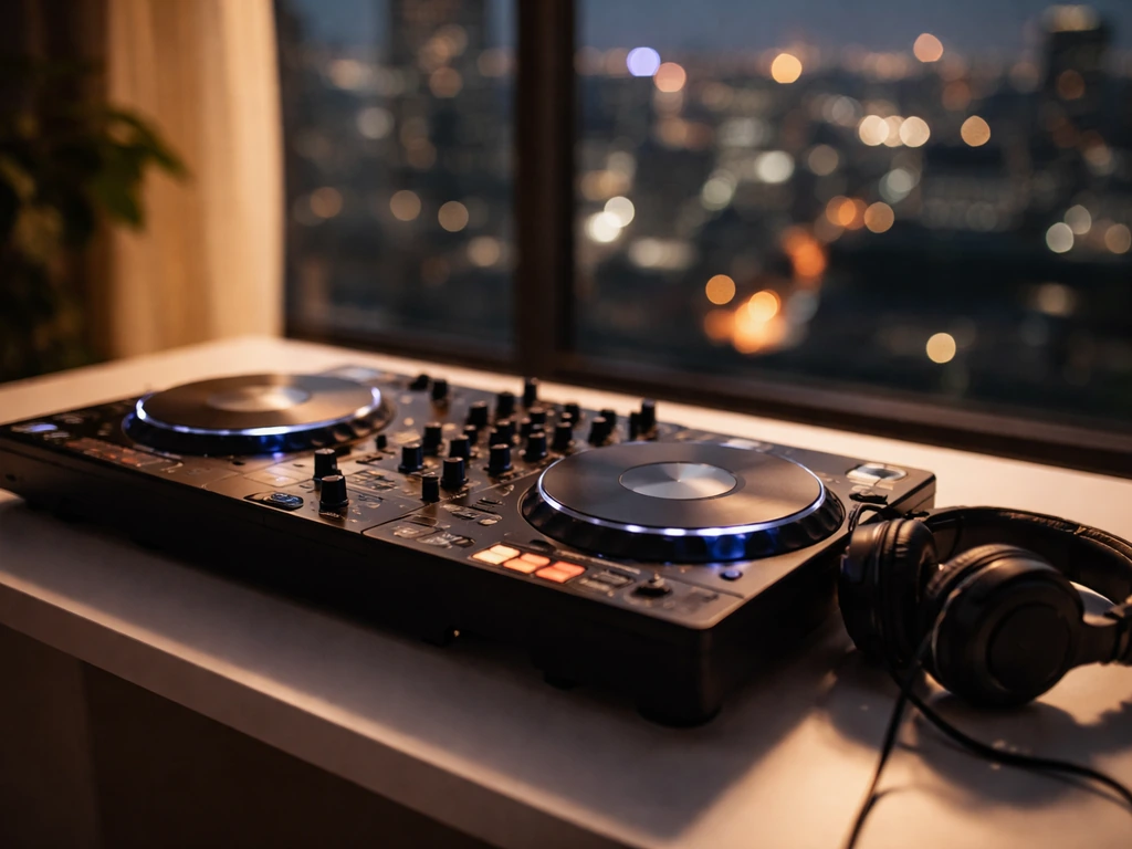 DJ mixing desk with headphones and controller, symbolizing the correct “Zerb” as a music producer.