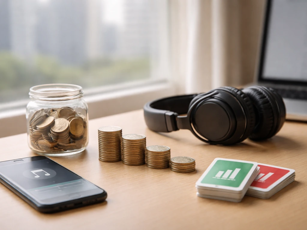 Minimal desk scene with smartphone and coins implying streaming royalty earnings for a hit track