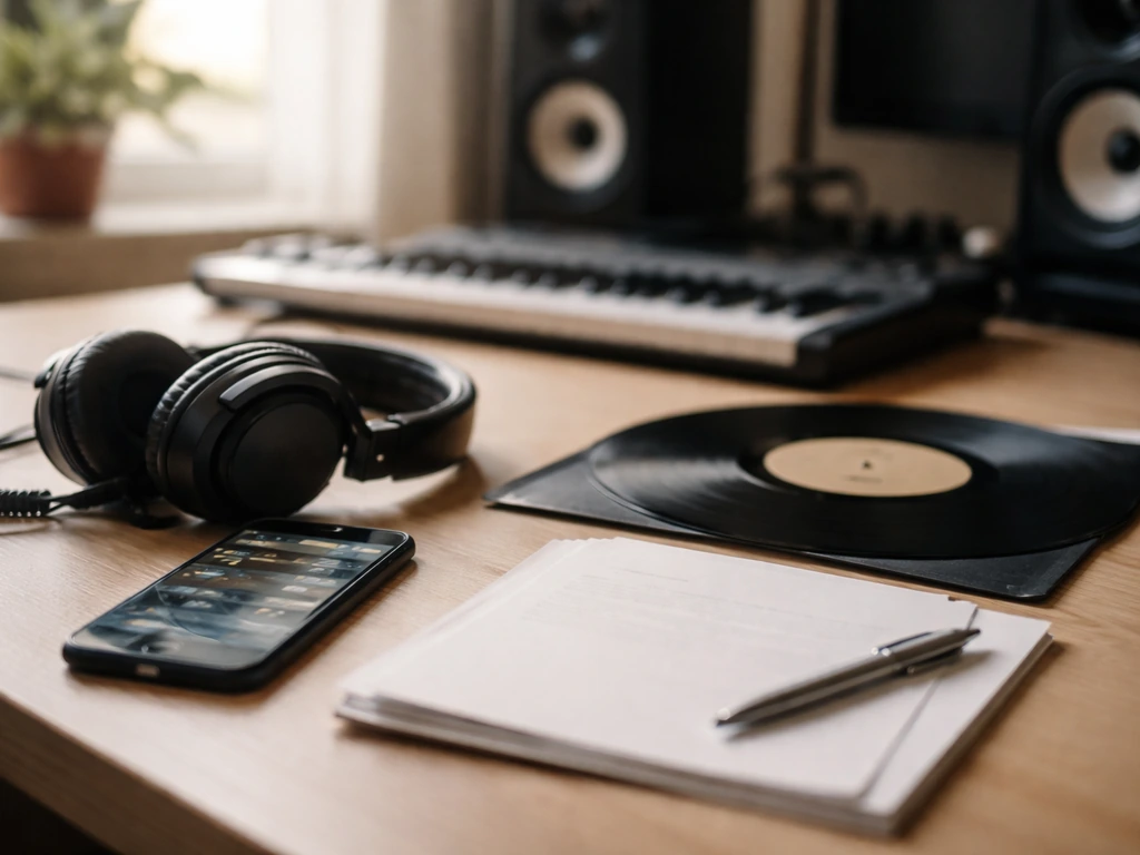 Minimal studio desk with headphones, vinyl, and blurred music phone screen suggesting publishing and royalties.