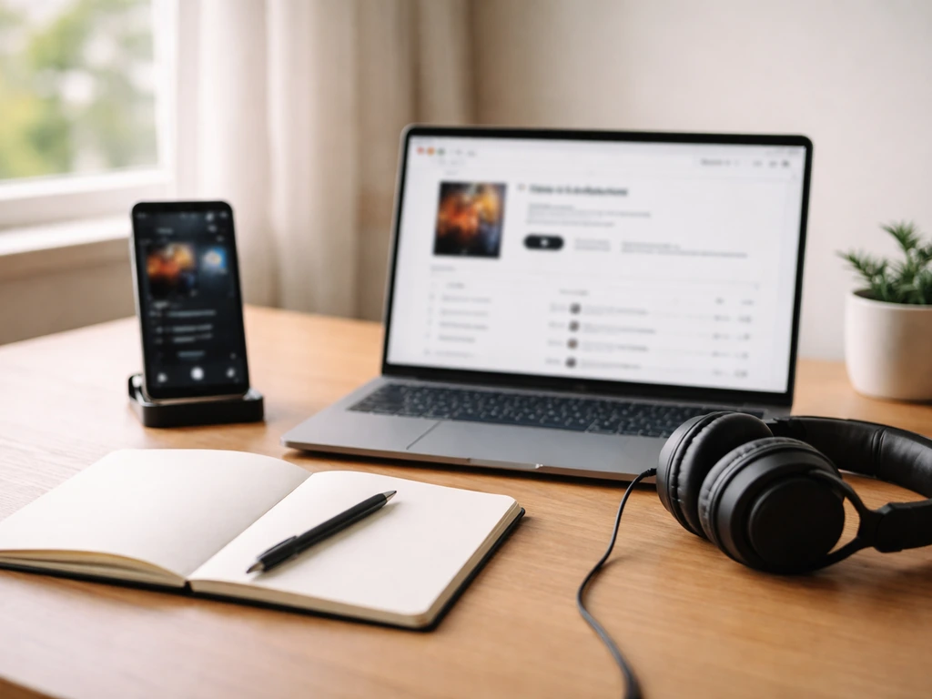 Minimal desk with phone and laptop showing blurred music/release pages, headphones, notebook for self-checking.