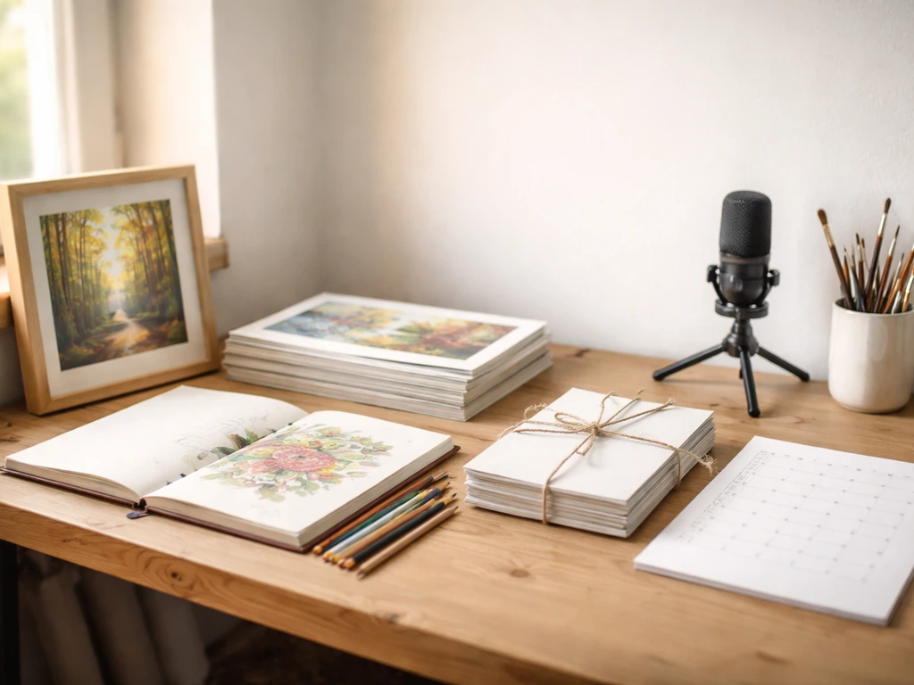 Independent artist studio table showing framed original art, prints, commission sketchbook, paperwork, and microphone.