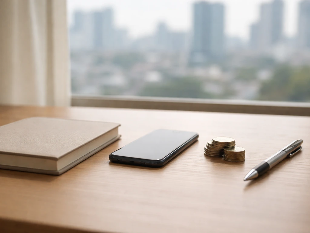 Minimal office desk scene symbolizing a net worth estimate with a smartphone and coin-like objects