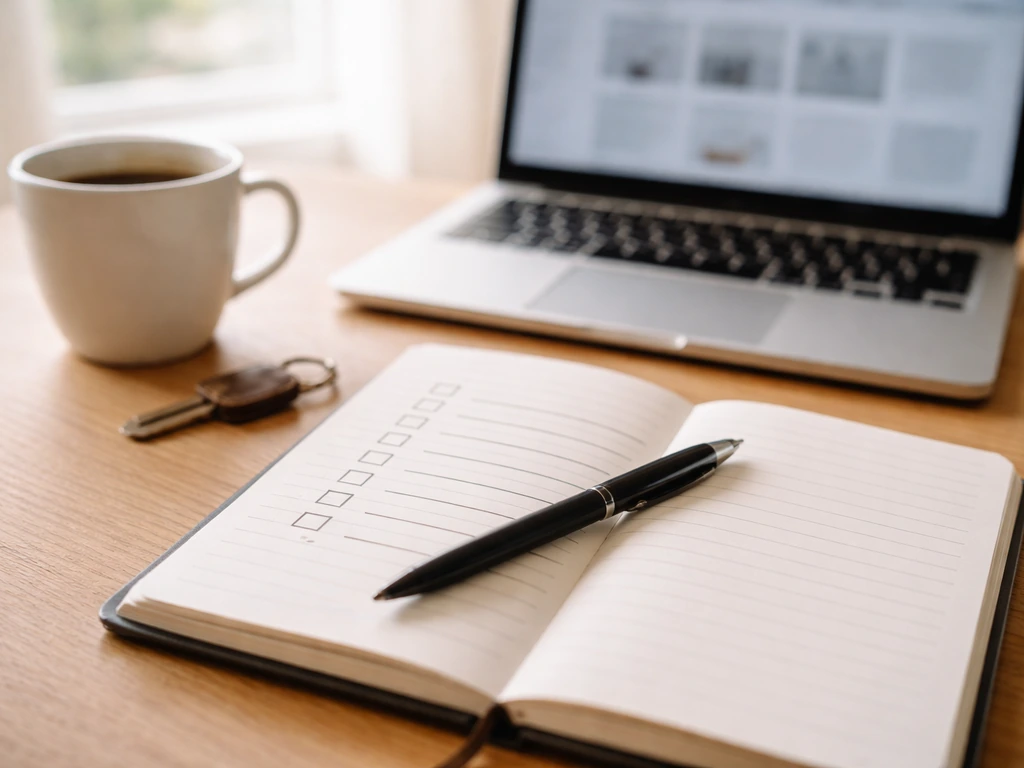 Close-up of a notebook checklist beside a laptop on a desk, with a pen and coffee, symbolic of verifying an estimate.