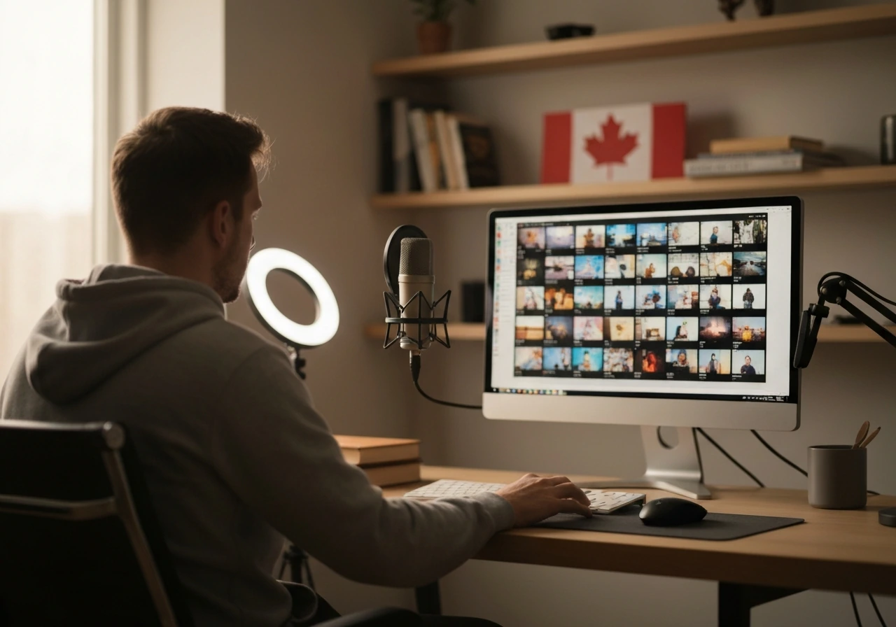 Anonymous creator at a desk with microphone and monitor, Canadian-themed decor in a simple home office.