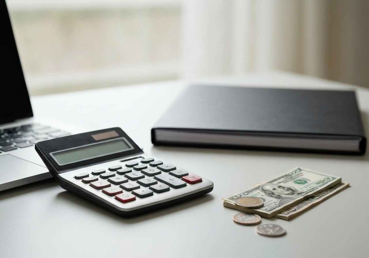 Minimal desk scene with a calculator, scattered cash, and a closed laptop symbolizing net worth calculation