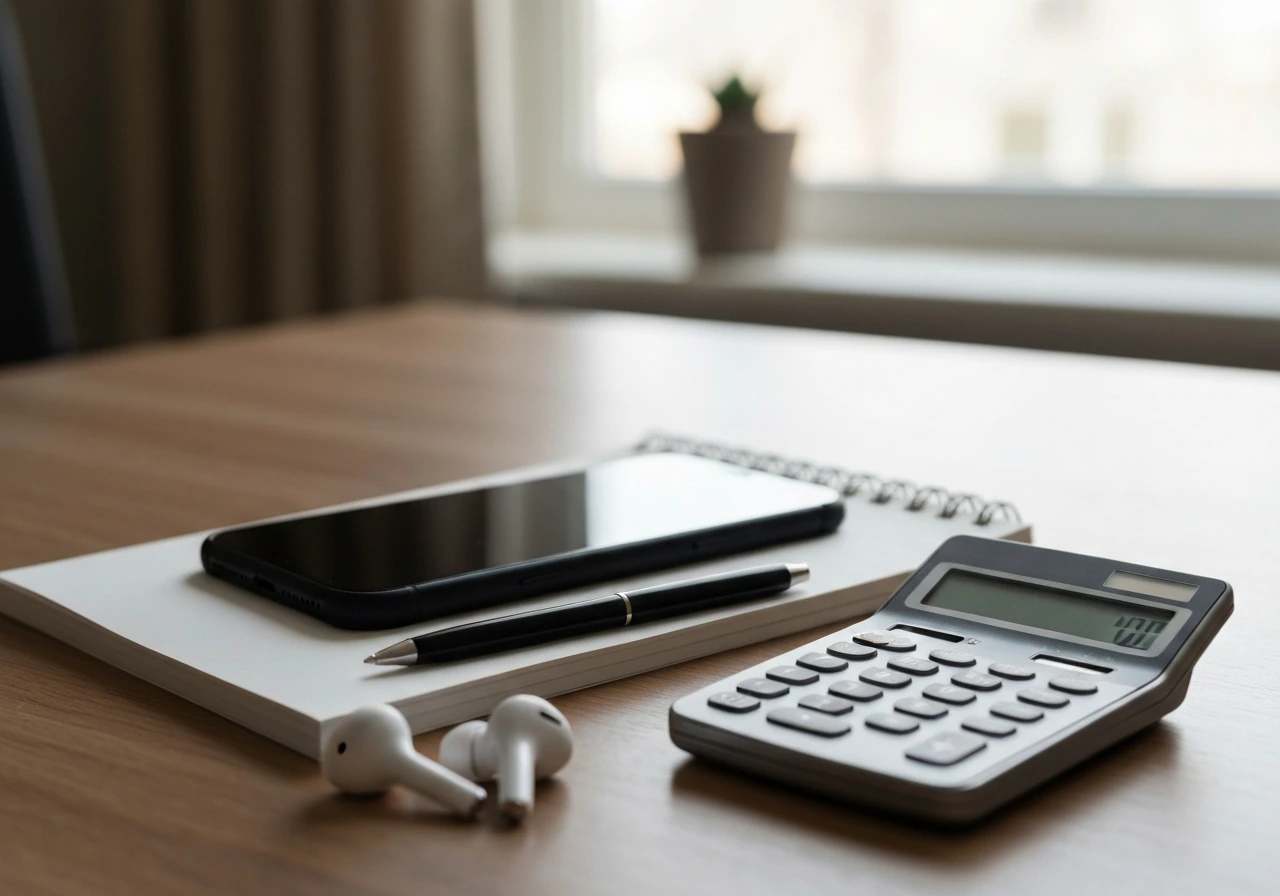 Smartphone, notepad, pen, and calculator on a simple desk suggesting DIY social media earnings estimation
