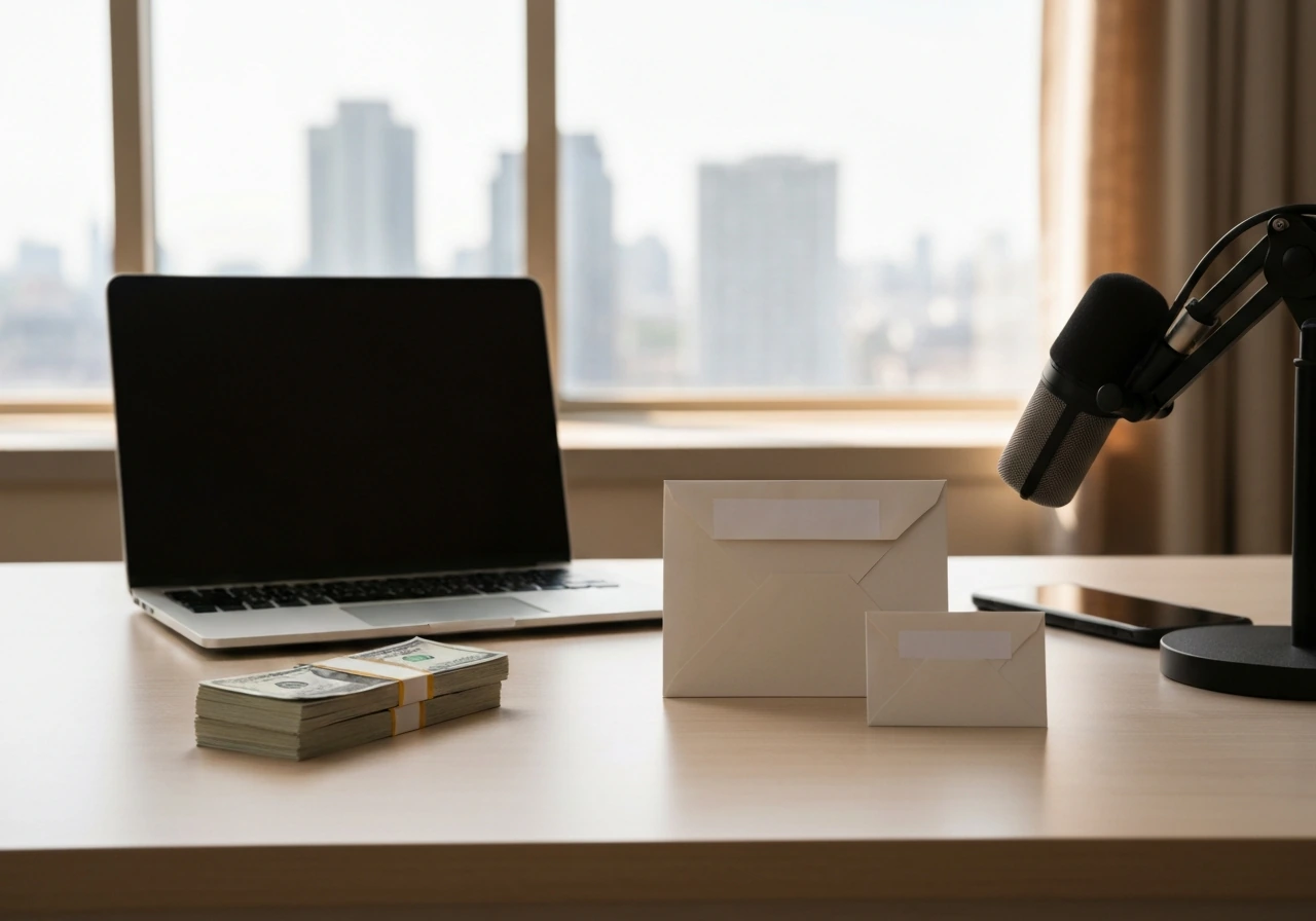 Minimal desk scene with unmarked envelopes, money, and a phone and laptop suggesting a financial range estimate.