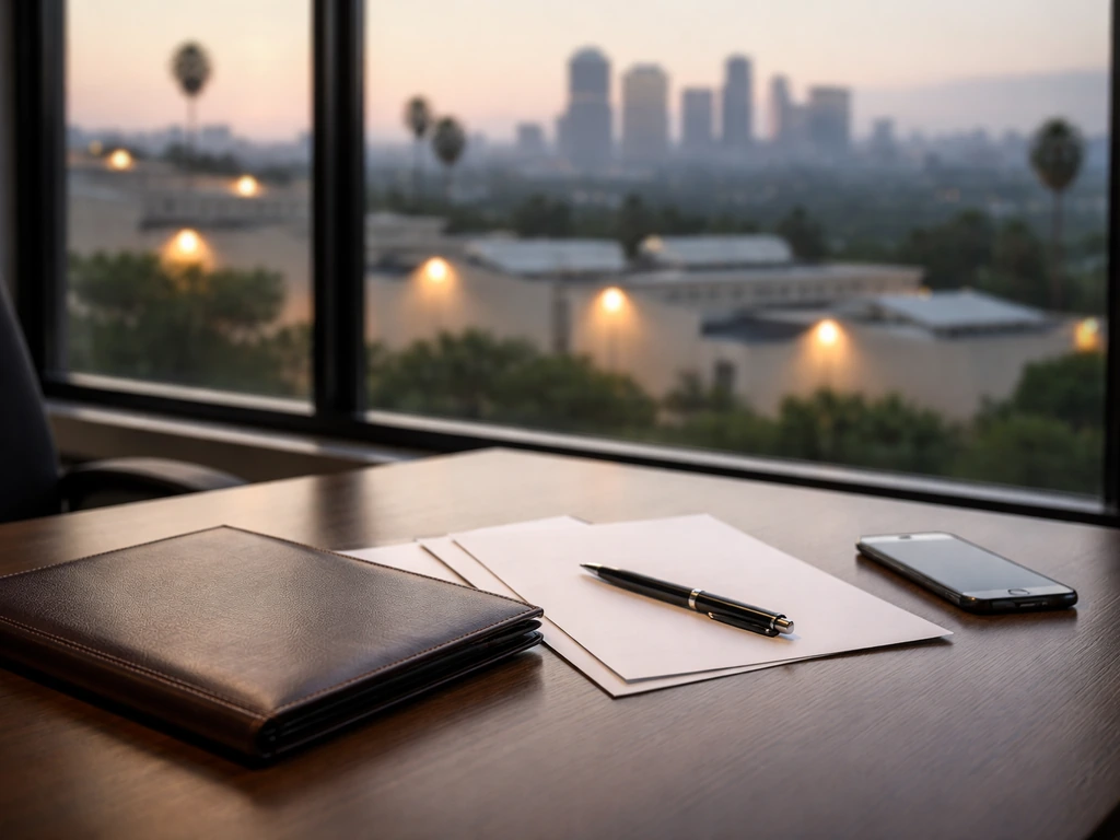 Film industry finance scene with a quiet office desk, paperwork, and a cinematic city view through window.