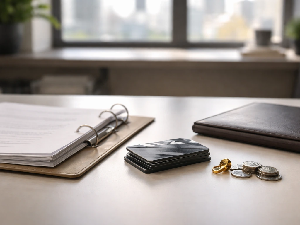 Minimal desk still life with blank contracts, studio items, and money cues indicating an income estimate range.