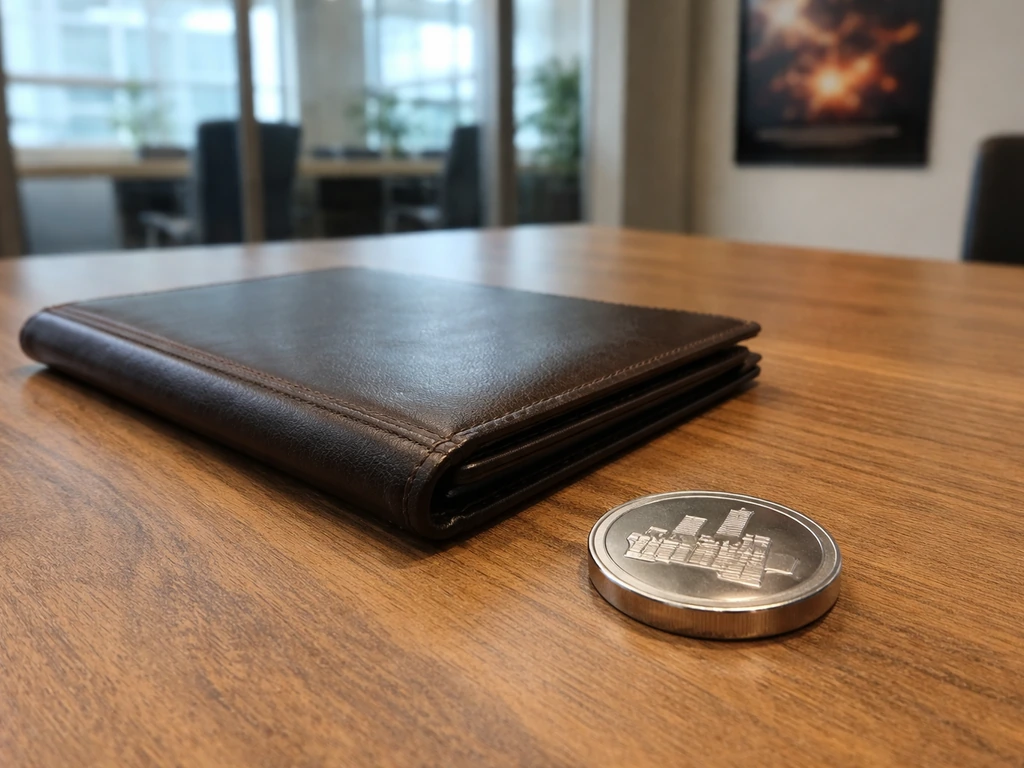 Leather portfolio and metal token on a wooden office desk, hinting at private-company equity.