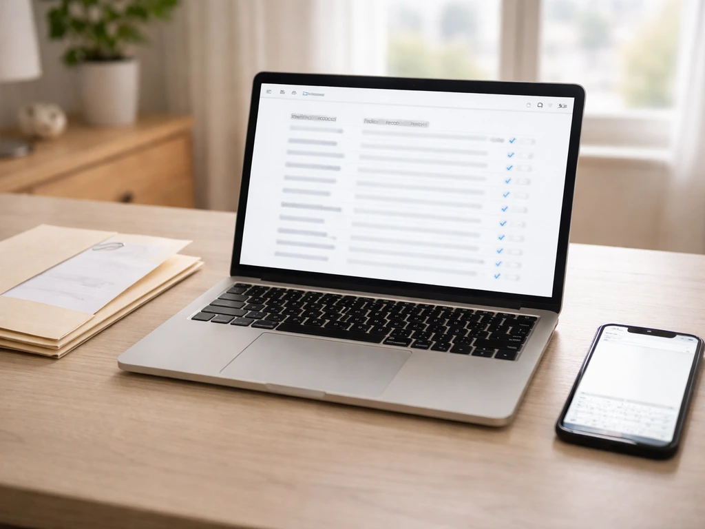 Minimal desk scene with a laptop showing SEC-like filings and a smartphone for verifying public records