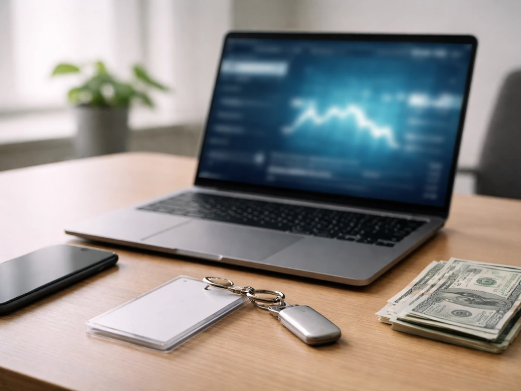 Minimal office scene with a laptop and smartphone beside cash and a blurred finance news screen, no people.