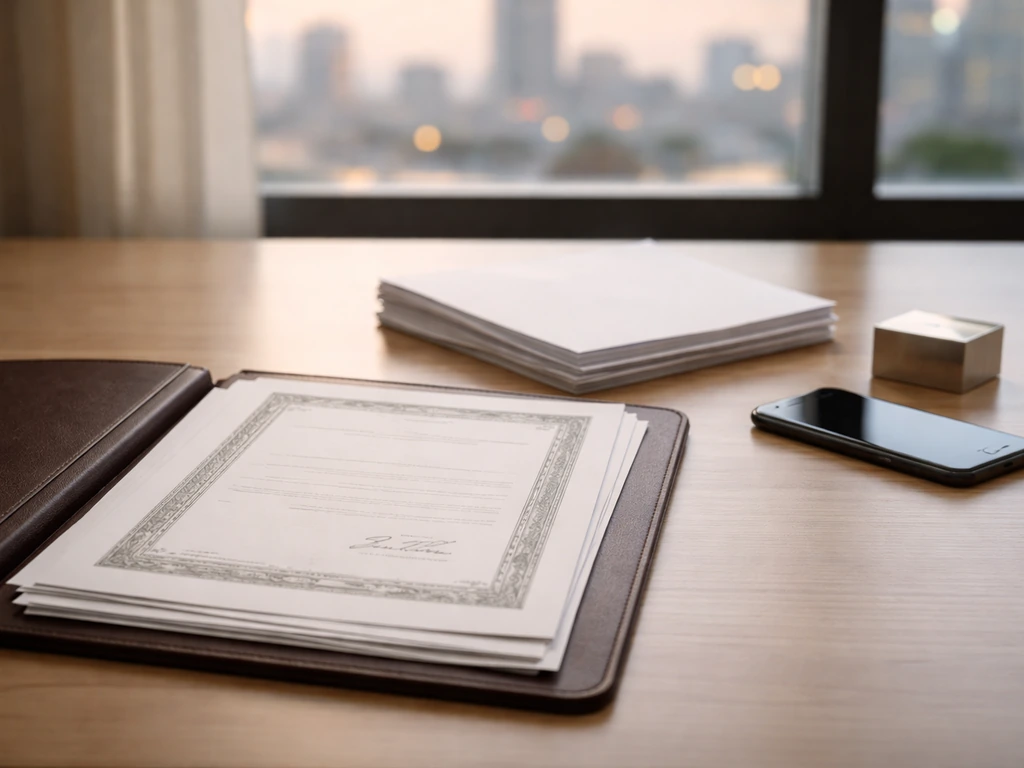 Minimal desk with unbranded investment documents and an equity-certificate concept, warm city-office backdrop.