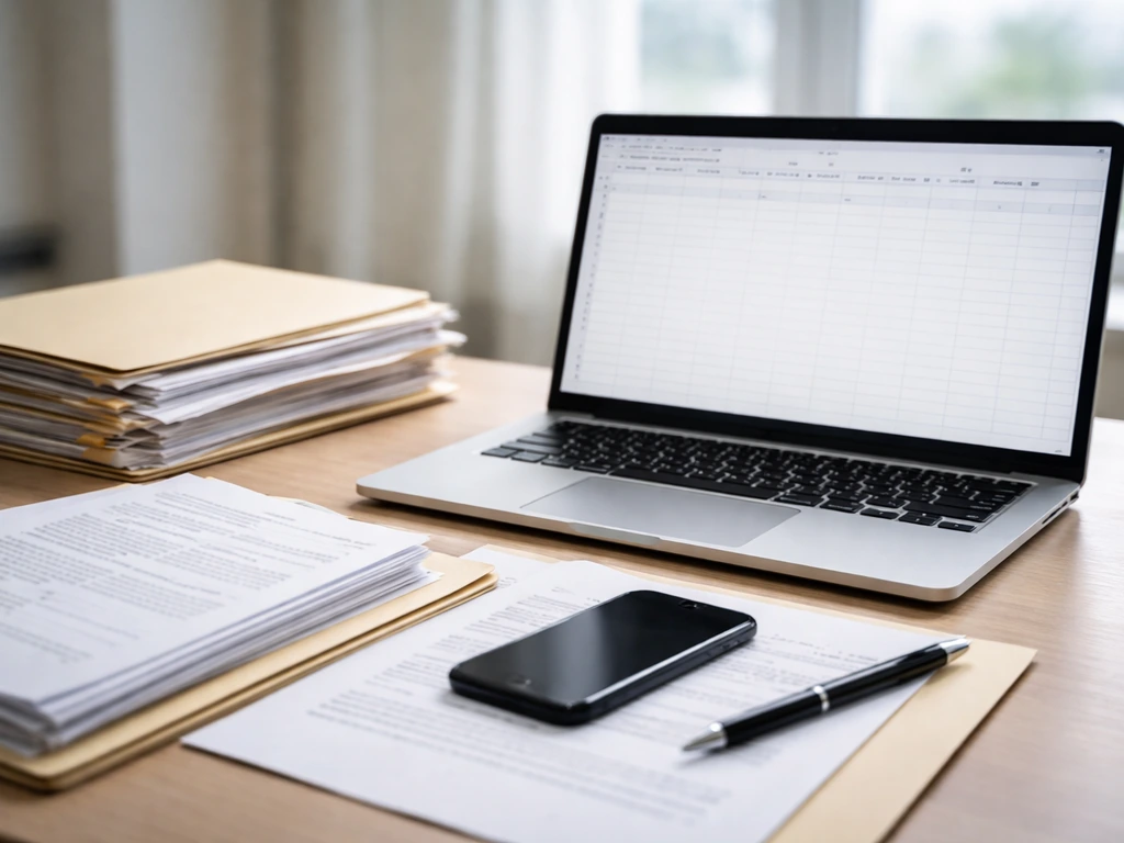 Minimal desk scene with scattered UK Companies House–style paperwork and an open spreadsheet on a laptop