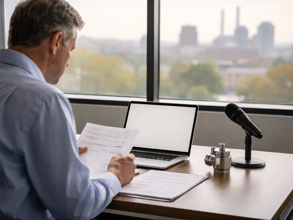 Anonymous tech professional in a modern office with industrial hardware, suggesting Meridium-style asset management.