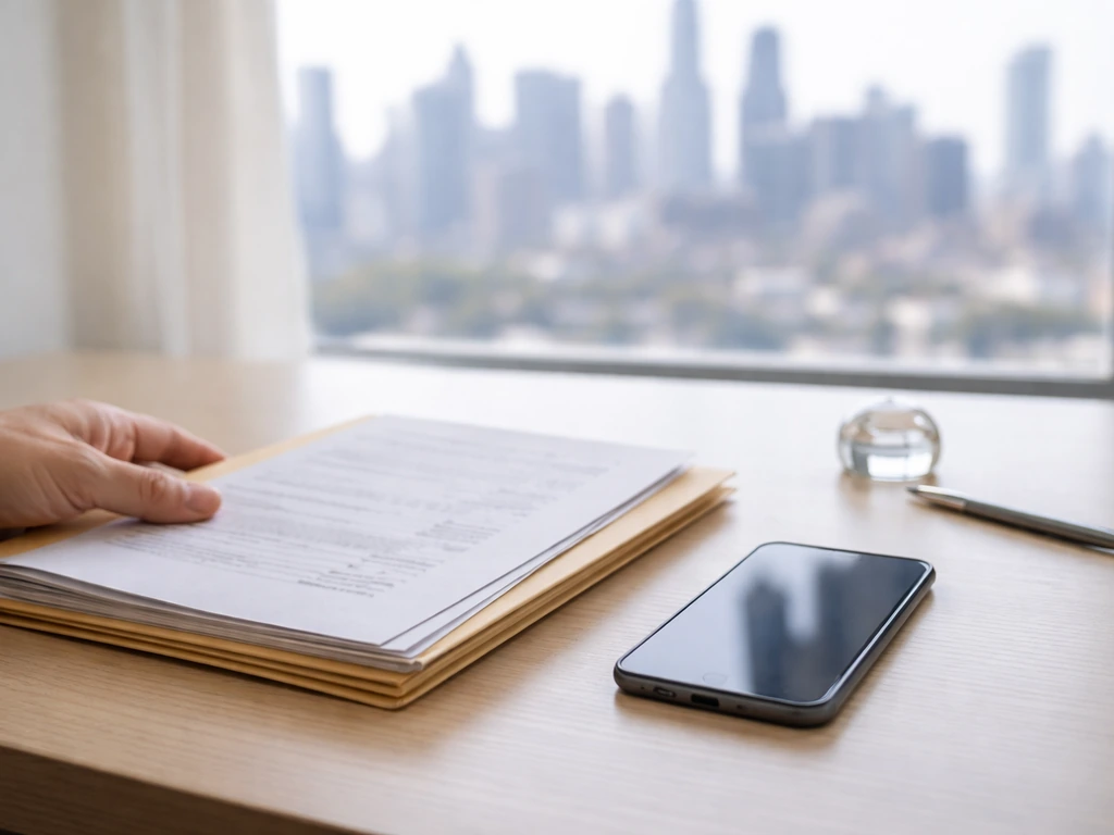Minimal desk scene with a smartphone, documents, and a blurred city skyline suggesting public-info wealth estimation.