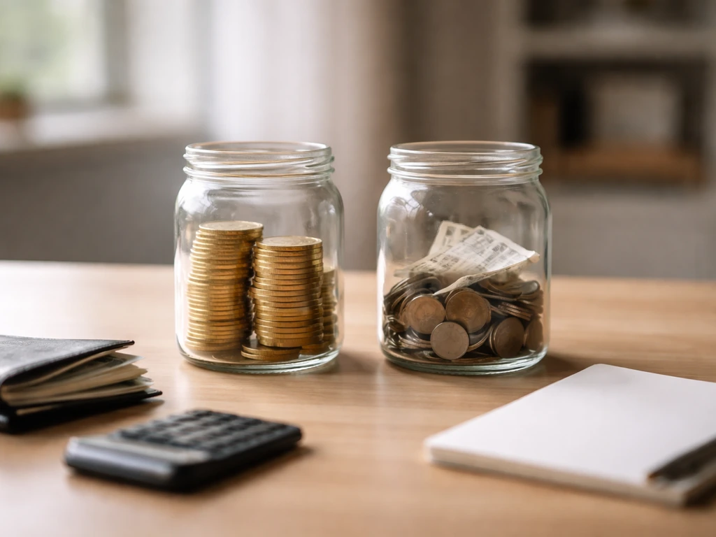 Two unlabeled jars with gold coins and darker coins beside an empty notepad on a simple office desk.