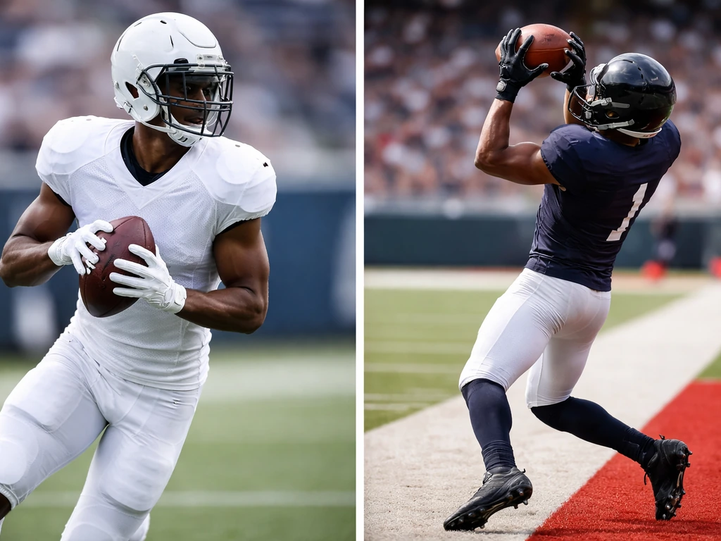 Side-by-side split image with an anonymous American football wide receiver in two matching football contexts