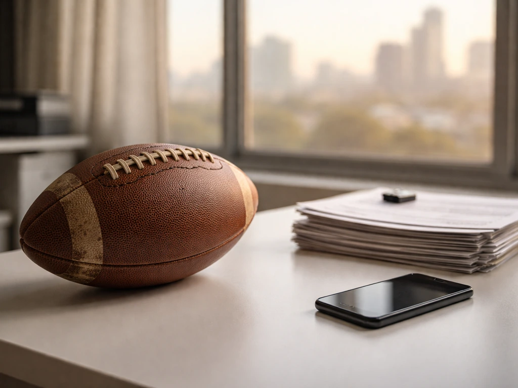 Vintage football on a desk next to invoices and a phone, symbolizing sports income to business earnings.