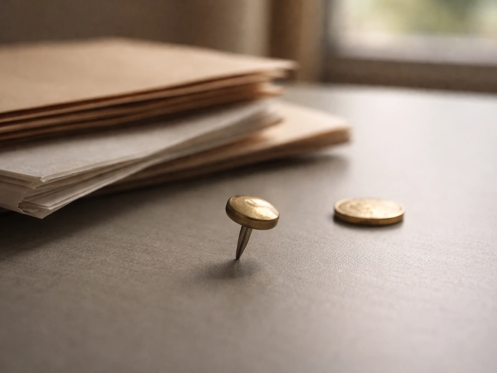 Close-up of a brass map pin and neatly stacked documents, with a small gold coin nearby, symbolizing assets and inferenc