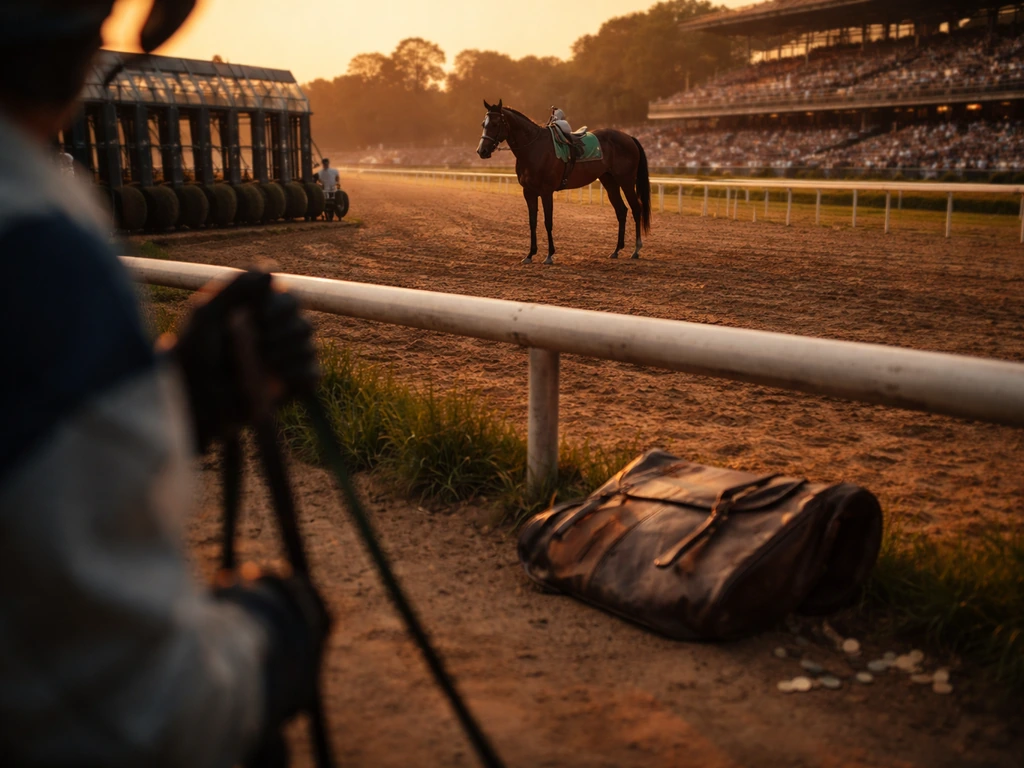 Thoroughbred horse on a racetrack at golden hour with a blurred jockey silhouette, coins nearby.